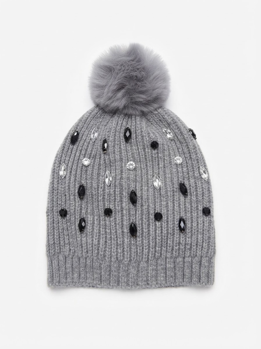 Charlie Paige Women’s Grey Rhinestone Beanie Faux Fur Pom